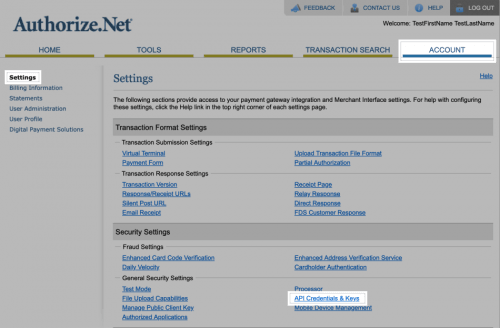 Authorize.net API setup - credentials