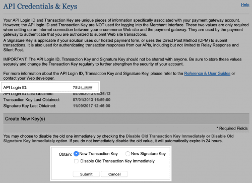 Authorize.net API setup - create keys